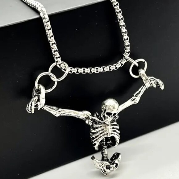 Skeleton Necklace Hanging Stainless Torture Handcuffs Goth Punk Edgy Rock chain - Picture 1 of 4